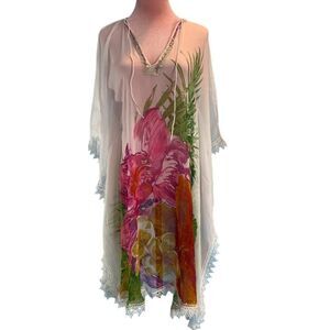 NWT NAILA Cover-Up Poolside Cruise Resort Wear Sequins Lace Trim Sheer Floral L